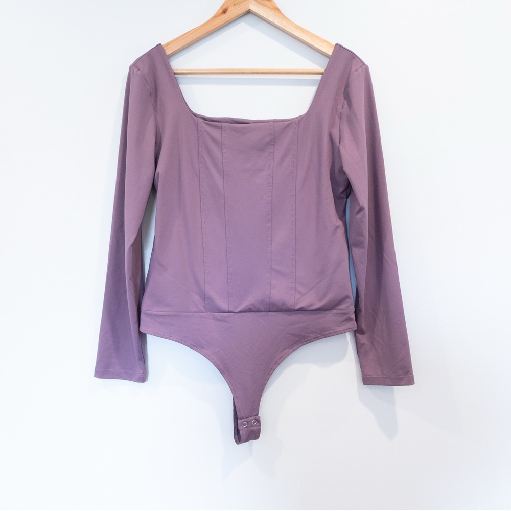 Adreamly Purple Bodycon Square Neck Long Sleeved Thong Back Bodysuit Large